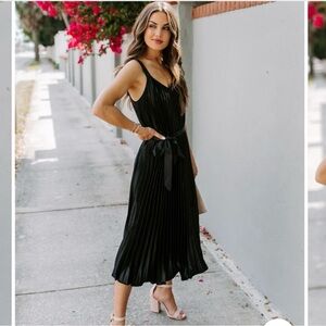 VICI Black Satin Pleated Midi Dress Tie Waist - NEW